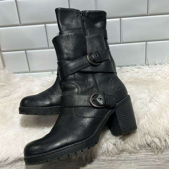 Born Pebbled Leather Mid Calf Heeled Moto Riding Boots Black chunky heel size 10 - Picture 1 of 10